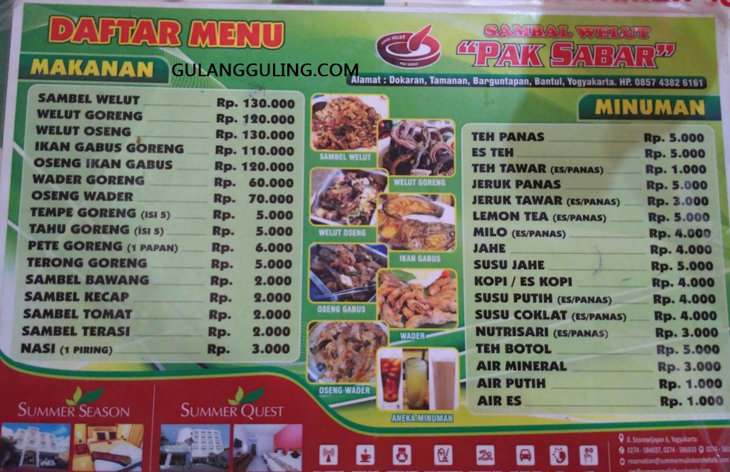 Berbagai pilihan menu di warung Sambal Belut Pak Sabar