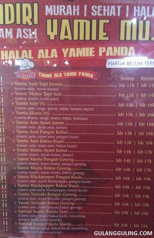 Macam menu dan harga yamie di Yamie Panda