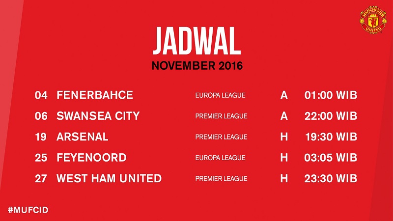 Jadwal Pertandingan Manchester United Bulan November 2016 via @ManUtd_ID